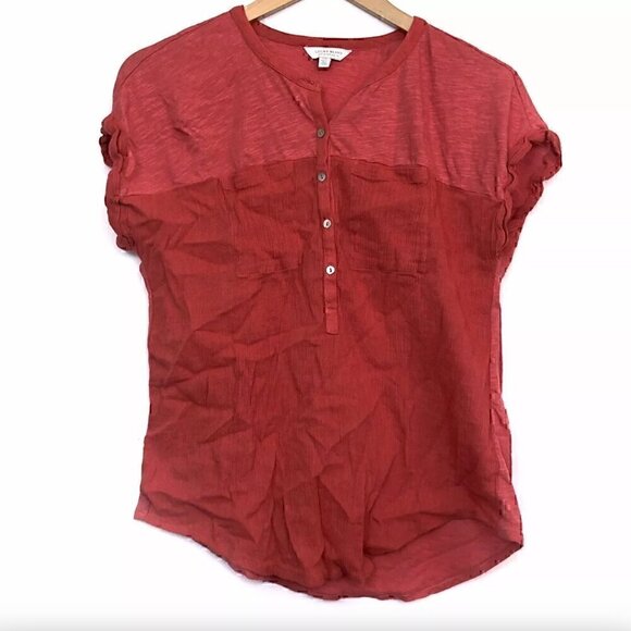 LUCKY BRAND Mixed Media Henley Coral Red Short Sleeve Cuffed Popover Blouse Top - Picture 2 of 6